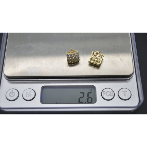 Real 10K Yellow Gold 9.8mm Micro-Pave Square CZ Stud Earrings 2.6gr Men-Women - Picture 5 of 6